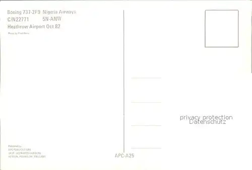 Flugzeuge Zivil Nigeria Airways Boeing 737 2F9 c n 22771 5N ANW  Kat. Flug