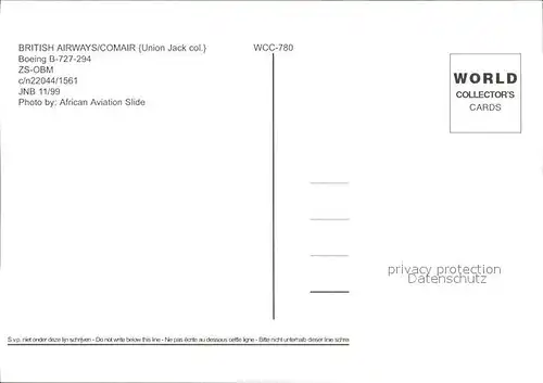 Flugzeuge Zivil British Airways Boeing B 727 294 ZS OBM c n 22044 1561 Kat. Flug