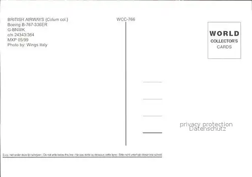 Flugzeuge Zivil British Airways Boeing B 767 336ER G BNWK c n 24343 364 Kat. Flug