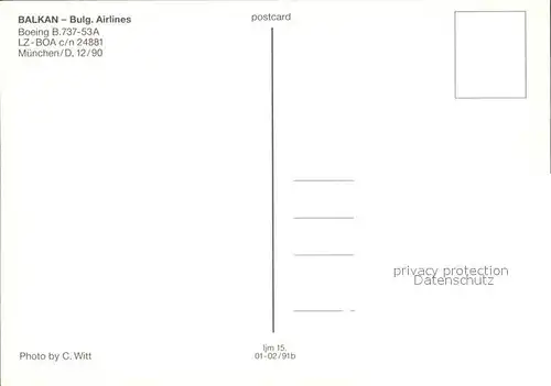 Flugzeuge Zivil Balkan Bulg. Airlines Boeing B.737 53A LZ BOA c n 24881 Kat. Flug
