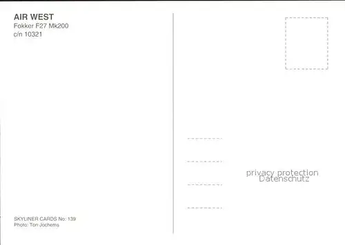 Flugzeuge Zivil Air West Fokker F27 Mk200 c n 10321 Kat. Flug