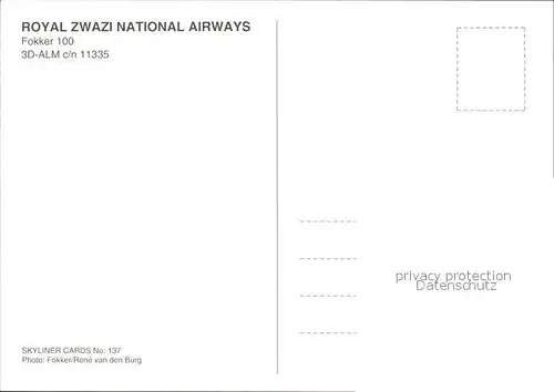 Flugzeuge Zivil Royal Zwazi National Airways Fokker 100 3D ALM c n 11335 Kat. Flug