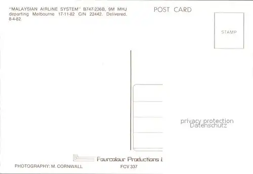 Flugzeuge Zivil Malaysian Airline System B 747 236B 9M MHJ c n 22442 Kat. Flug