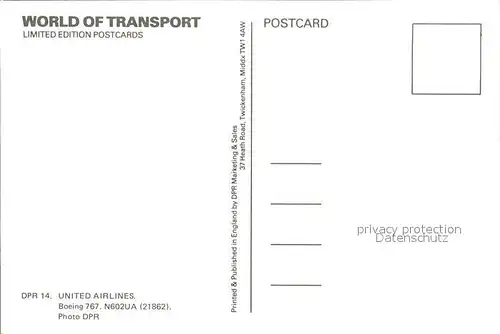 Flugzeuge Zivil United Airlines Boeing 767. N602UA 21862  Kat. Flug