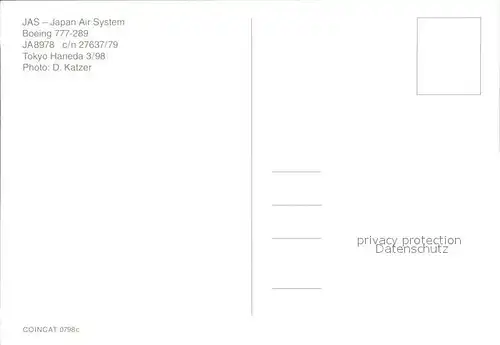 Flugzeuge Zivil JAS Japan Air System Boeing 777 289 JA8978 c n 27637 79  Kat. Flug