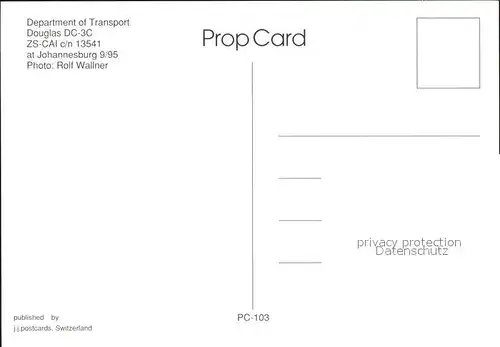 Flugzeuge Zivil Department of Transport Douglas DC 3C ZS CAI c n 13541 Kat. Flug