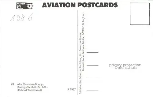 Flugzeuge Zivil Misr Overseas Airways Boeing 707 323C SU FAC Kat. Flug