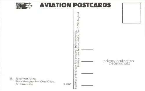 Flugzeuge Zivil Royal West Airlines British Aerospace 146 100 N801 RW  Kat. Flug