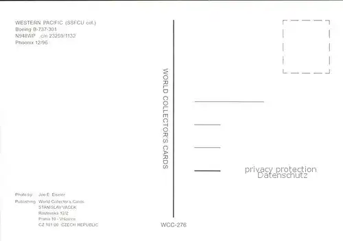 Flugzeuge Zivil Western Pacific SSFCU col. Boeing B 737 301 N948WP c n 23259 1132 Kat. Flug