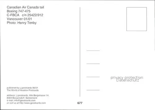 Flugzeuge Zivil Canadian Air Canada tail Boeing 747 475 C FBCA c n 25422 912  Kat. Flug