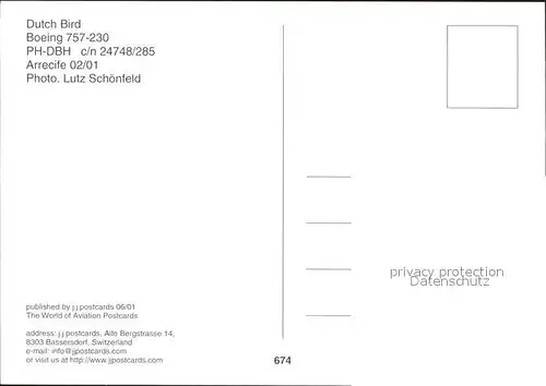 Flugzeuge Zivil Dutch Bird Boeing 757 230 PH DBH c n 24748 285 Kat. Flug