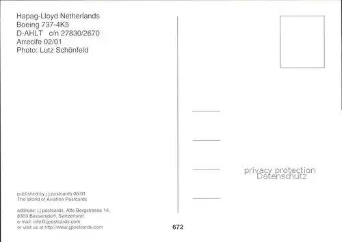 Flugzeuge Zivil Hapag Lloyd Netherlands Boeing 737 4K5 D AHLt c n 27830 2670 Kat. Flug