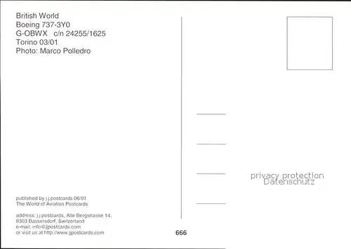Flugzeuge Zivil British World Boeing 737 3Y0 G OBWX c n 24255 1625 Kat. Flug