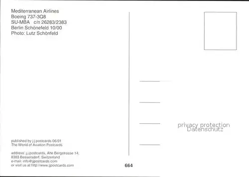 Flugzeuge Zivil Mediterranean Airlines Boeing 737 3Q8 SU MBA c n 26283 2383 Kat. Flug