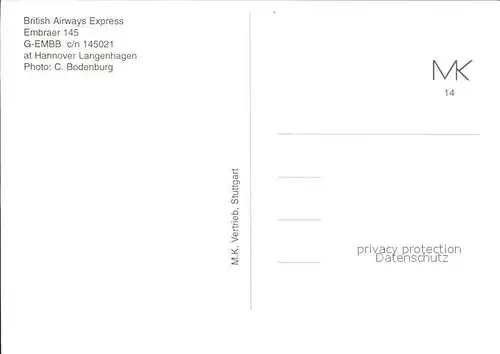 Flugzeuge Zivil British Airways Express Embraer 145 G EBB c n 145021  Kat. Flug