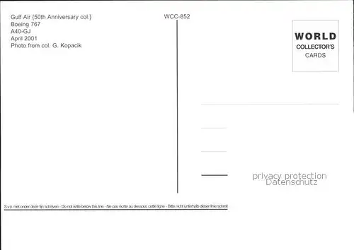 Flugzeuge Zivil Gulf Air 50th Anniversary col. Boeing 767 A40 GJ  Kat. Flug