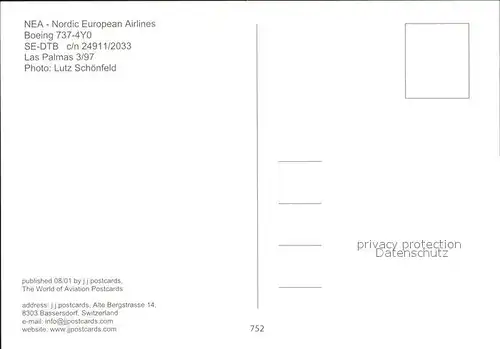 Flugzeuge Zivil NEA mnordic European Airlines Boeing 737 4Y0 SE DTB c n 24911 2033 Kat. Flug