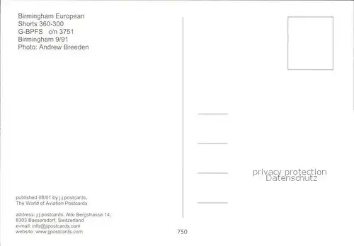 Flugzeuge Zivil Birmingham European Shorts 360 300 G BPFS c n 3751 Kat. Flug