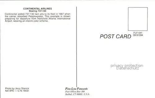 Flugzeuge Zivil Continental Airlines Boeing 737 130 N414PE C N19031 Kat. Flug