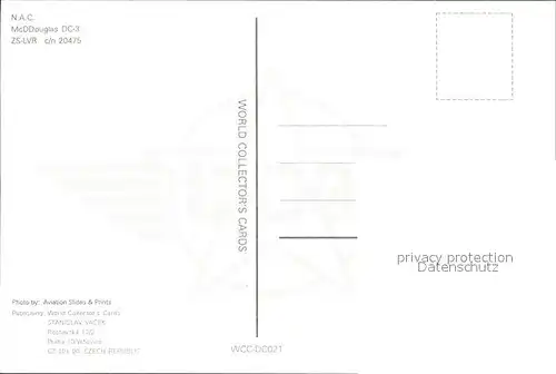 Flugzeuge Zivil N.A.C. McDDouglas DC 3 ZS LVR c n 20475 Kat. Flug