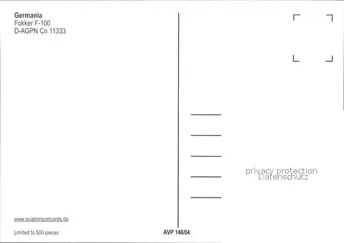 Flugzeuge Zivil Germania Fokker F 100 D AGPN cn 11333 Kat. Flug