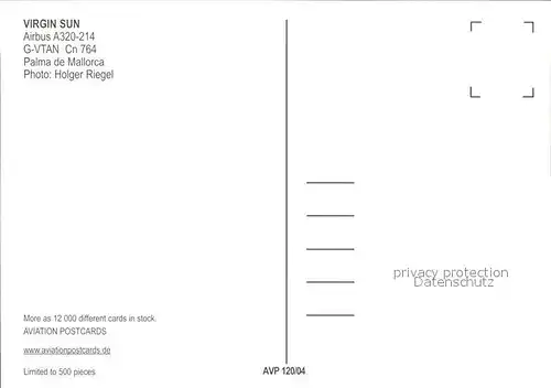 Flugzeuge Zivil Virgin Sun A320 214 G VTAN Cn 764 Kat. Flug
