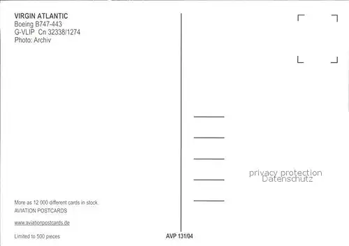 Flugzeuge Zivil Virgin Atlantic Boeing B747 443 G VLIP Cn 32338 1274 Kat. Flug