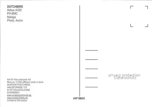 Flugzeuge Zivil Dutchbird A320 PH BMC  Kat. Flug