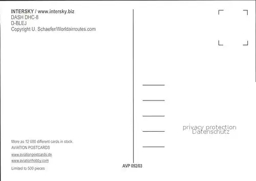 Flugzeuge Zivil Intersky DASH DHC 8 D BLEJ Kat. Flug