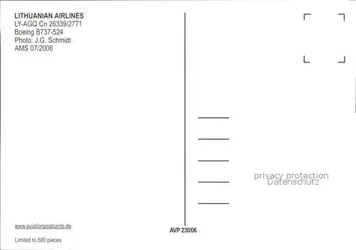 Flugzeuge Zivil Lithuanian Airlines Boeing B737 524 LY AGQ Cn 26339 2771  Kat. Flug