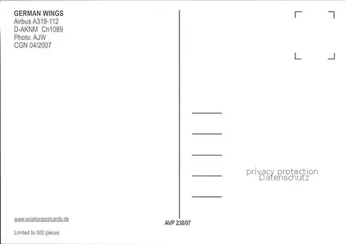 Flugzeuge Zivil German Wings A319 112 D AKNM Cn 1089 Kat. Flug
