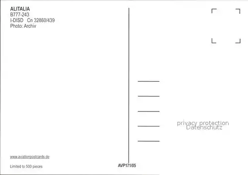 Flugzeuge Zivil Alitalia B777 243 I DISD Cn 32860 439  Kat. Flug