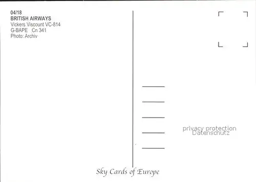 Flugzeuge Zivil British Airways Vickers Viscount VC 814 G BAPE Cn 341 Kat. Flug