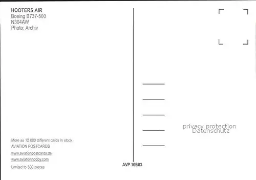 Flugzeuge Zivil Hootersair Boeing B737 500 N304AW  Kat. Flug