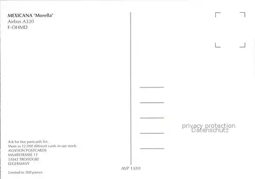 Flugzeuge Zivil Mexicana Morella A320 F OHMD  Kat. Flug