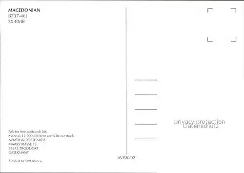 Flugzeuge Zivil Macedonian B737 46J SX BMB Kat. Flug