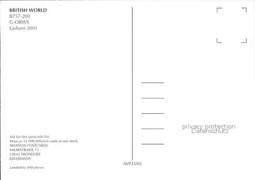 Flugzeuge Zivil British World B757 200 G OBWS  Kat. Flug