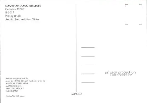 Flugzeuge Zivil SDA Shandong Airlines Canadair RJ200 B 3017 Kat. Flug