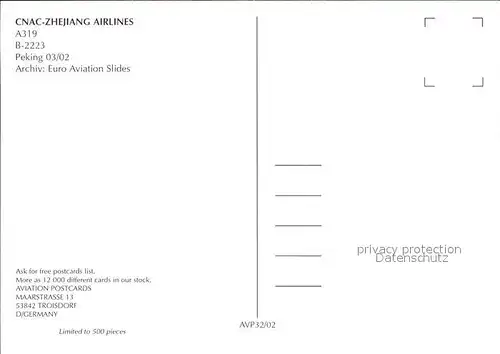 Flugzeuge Zivil Cnac Zhejiang Airlines A319 B 2223  Kat. Flug