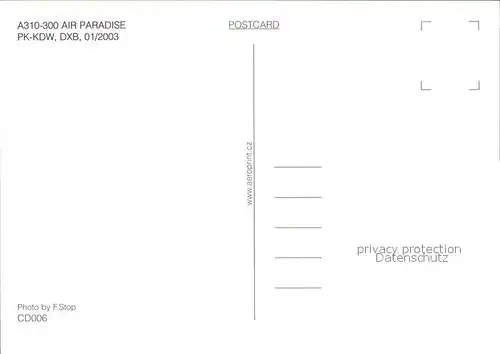 Flugzeuge Zivil Air Paradise A310 300 PK KDW DXB  Kat. Flug