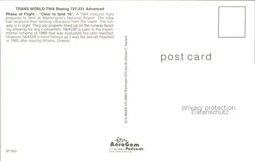 Flugzeuge Zivil Trans Worls TWA Boeing 727 231 Advanced N64339  Kat. Flug