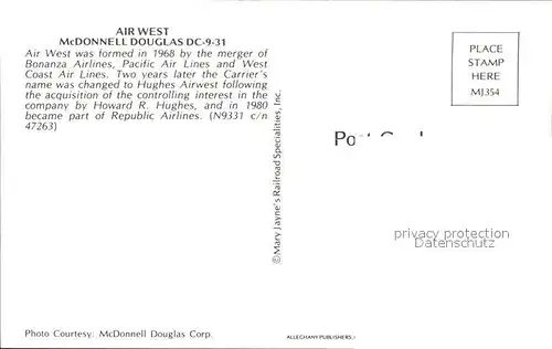 Flugzeuge Zivil Air West McDonnell Douglas DC 9 31 Kat. Flug