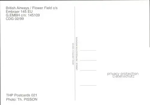 Flugzeuge Zivil British Airways Flower Field Embraer 145 EU G.EMBH c n 145109 Kat. Flug