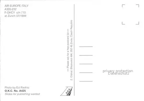 Flugzeuge Zivil Air Europe Italy A320 232 F OHCY c n 710 Kat. Flug