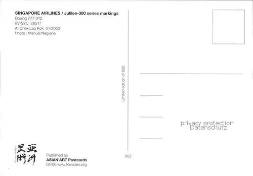 Flugzeuge Zivil Singapore Airlines Boeing 777 312 9V SYC 28517  Kat. Flug