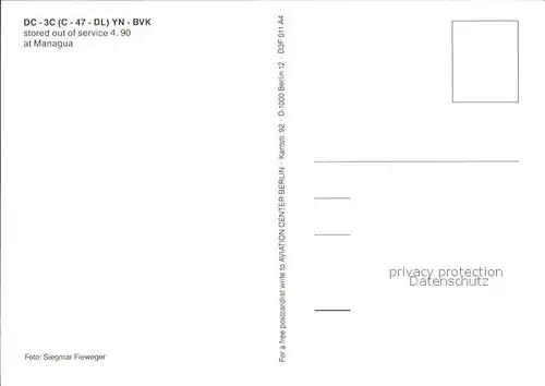 Flugzeuge Zivil DC 3C C 47 DL YN BVK  Kat. Flug