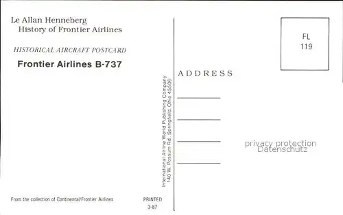 Flugzeuge Zivil Frontier Airlines B 737 N734IF  Kat. Flug