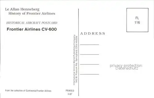 Flugzeuge Zivil Frontier Airlines CV 600 Kat. Flug