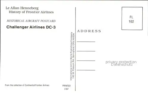 Flugzeuge Zivil Frontier Airlines Challenger Airlines DC 3 Kat. Flug