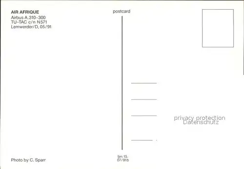 Flugzeuge Zivil Air Afrique A.310 300 TU TAC c n N571  Kat. Flug